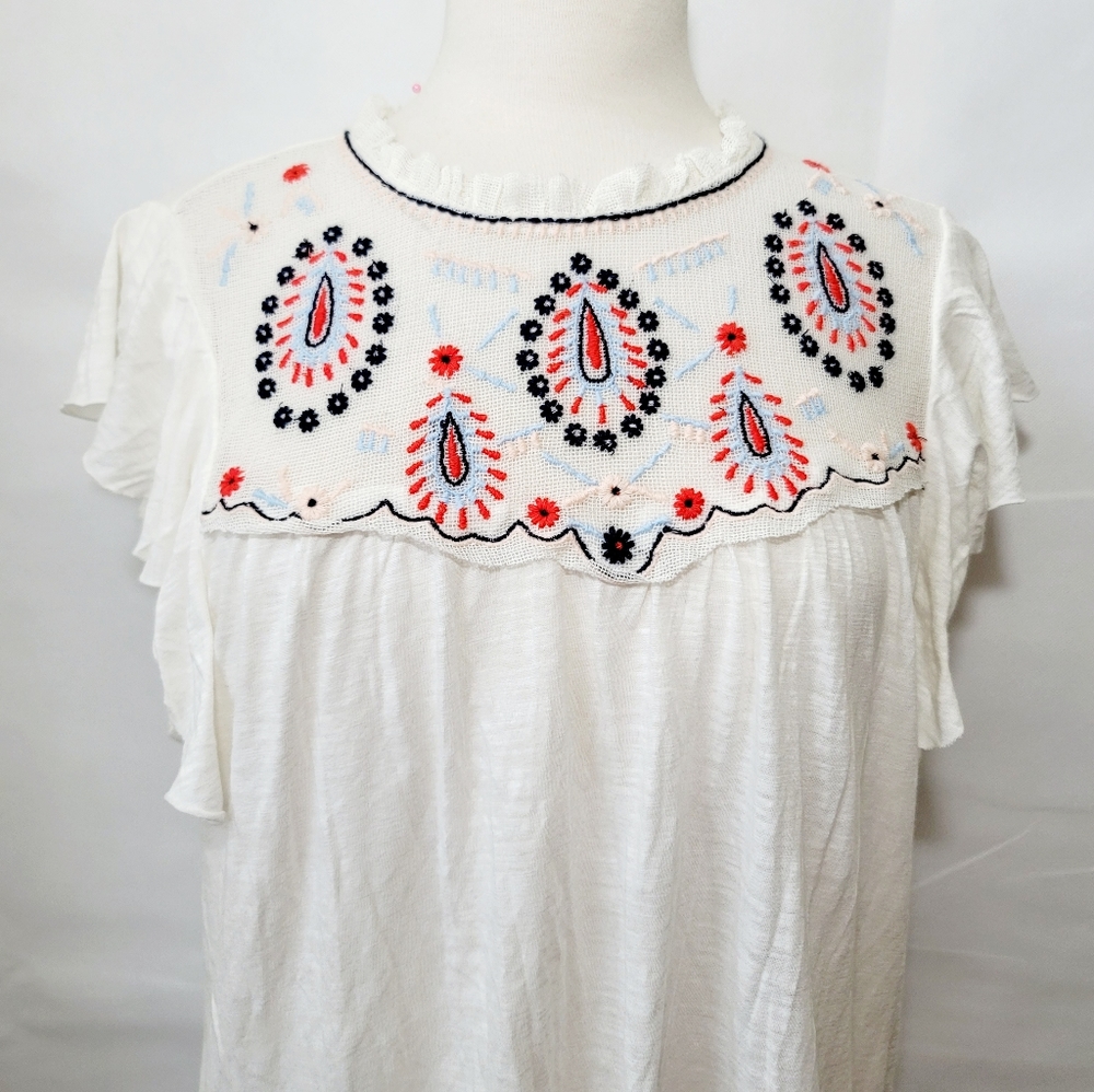 Lucky Brand Ivory Cream Embroidered Boho Shirt